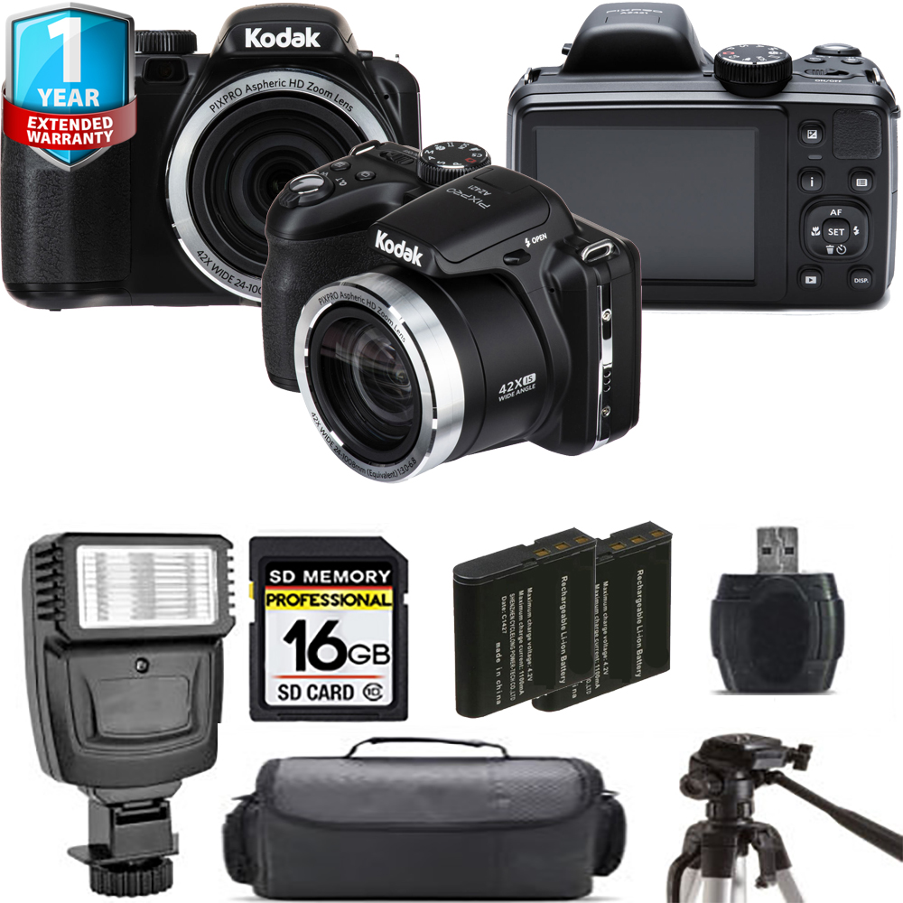 Kodak PIXPRO AZ421 Digital Camera (Black) + Extra Battery + Flash+ 1 Yr