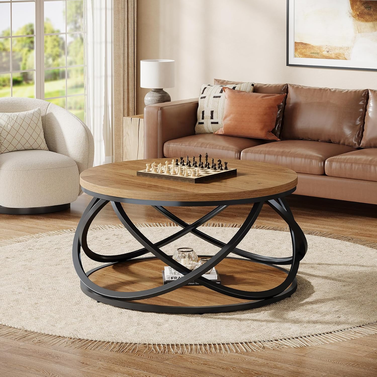 Tribesigns 31.5" Round Coffee Table, 2-Tier Circle Center Table with Metal Frame, Rustic Accent Cocktail Table for Living Room, Small Space, Brown & Black