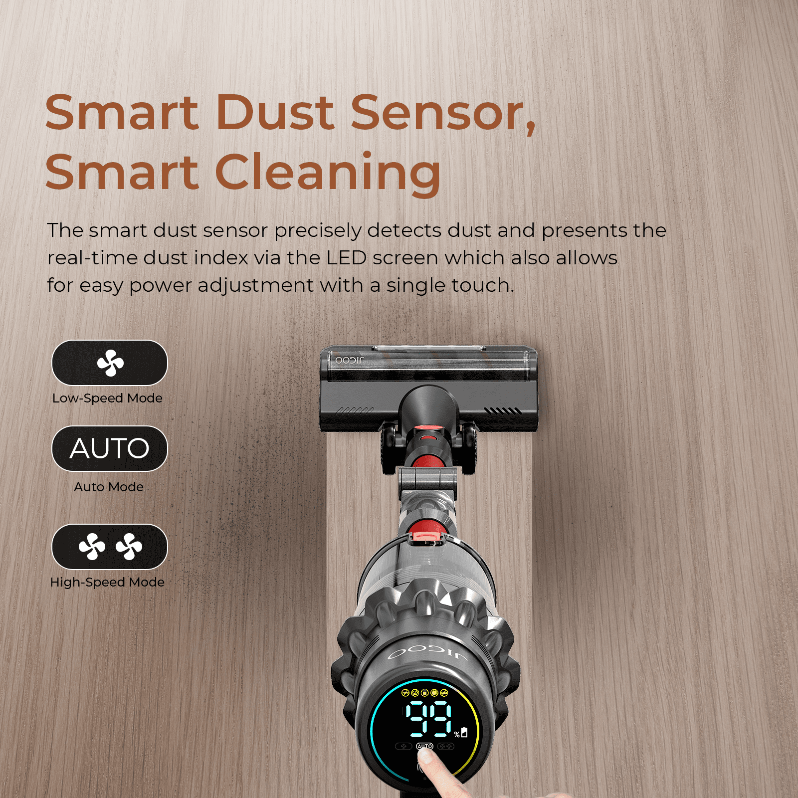 JIGOO Cordless Stick Vacuum Cleaner for Carpet & Hardfloors with 2-In-1 Brushroll, 33KPa Powerful Suction, 60-Minute Runtime, Smart Dust Sensor, LED Touch Screen, Flexible Folding Tube, C500 Red Grey
