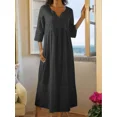 thumbnail image 3 of Vestido recto de talla grande para mujer, de media manga, plisado, informal, con escote en V, estilo bohemio, de lino, para playa, para verano, 2024, 3 of 4