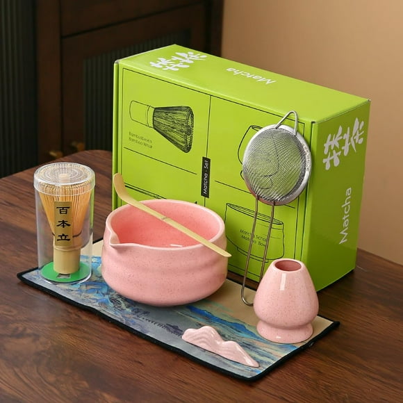 Juego de 7 piezas de matcha Mochachaju con cuenco para matcha y batidor de bambú, color rosa