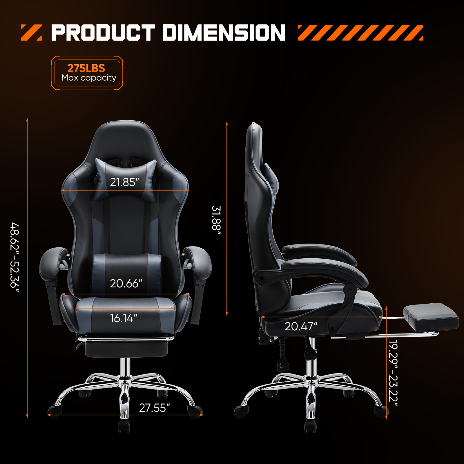 Easy4Home Gaming Chair with Sofa Spring Cushion, Ergonomic Office Chair with Lumbar Support and Footrest, High Back Computer Game Chair for Adults, Black&Gray