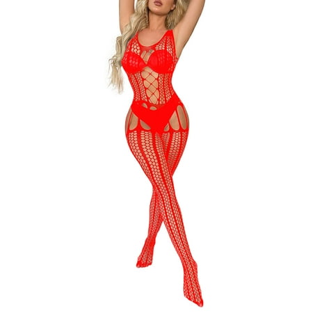 Ploknplq Bodysuit Shapewear Womens Underwear Body Suits for Womens Hollow Out Sleeveless European Mistress Body Stockings Crotchless Crotchless Bodysuit One Piece Babydoll Sleepwear Red One Size
