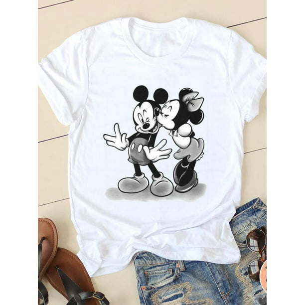 Disney Cartoon Tee Shirt Mickey Mouse Women Short Sleeve Print Love Sweet Cute 90s Clothing Casual Fashion Graphic T-shirtsXXL Gao Jinjia LED