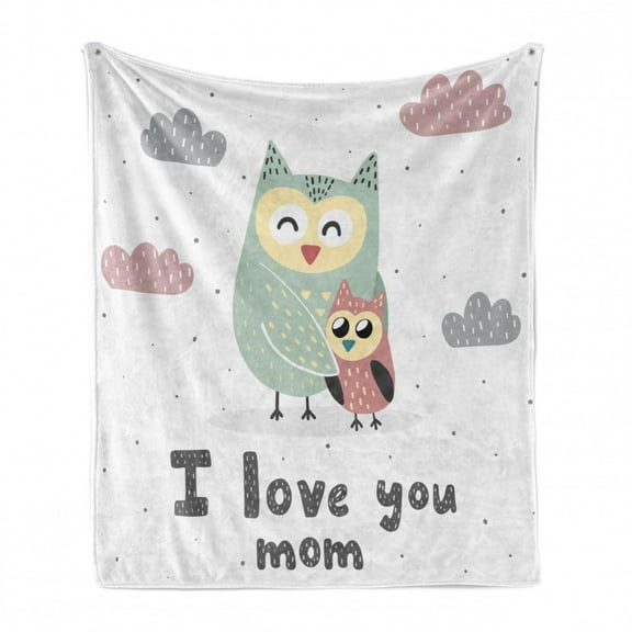 Bird Print Soft Flannel Fleece Throw Blanket, I Love You Mom Typography with Owls and Clouds, Cozy Plush for Indoor and Outdoor Use, 60" x 80", Multicolor, by Ambesonne