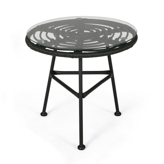 Pabrico Outdoor Faux Rattan Side Table with Glass Top, Gray and Black