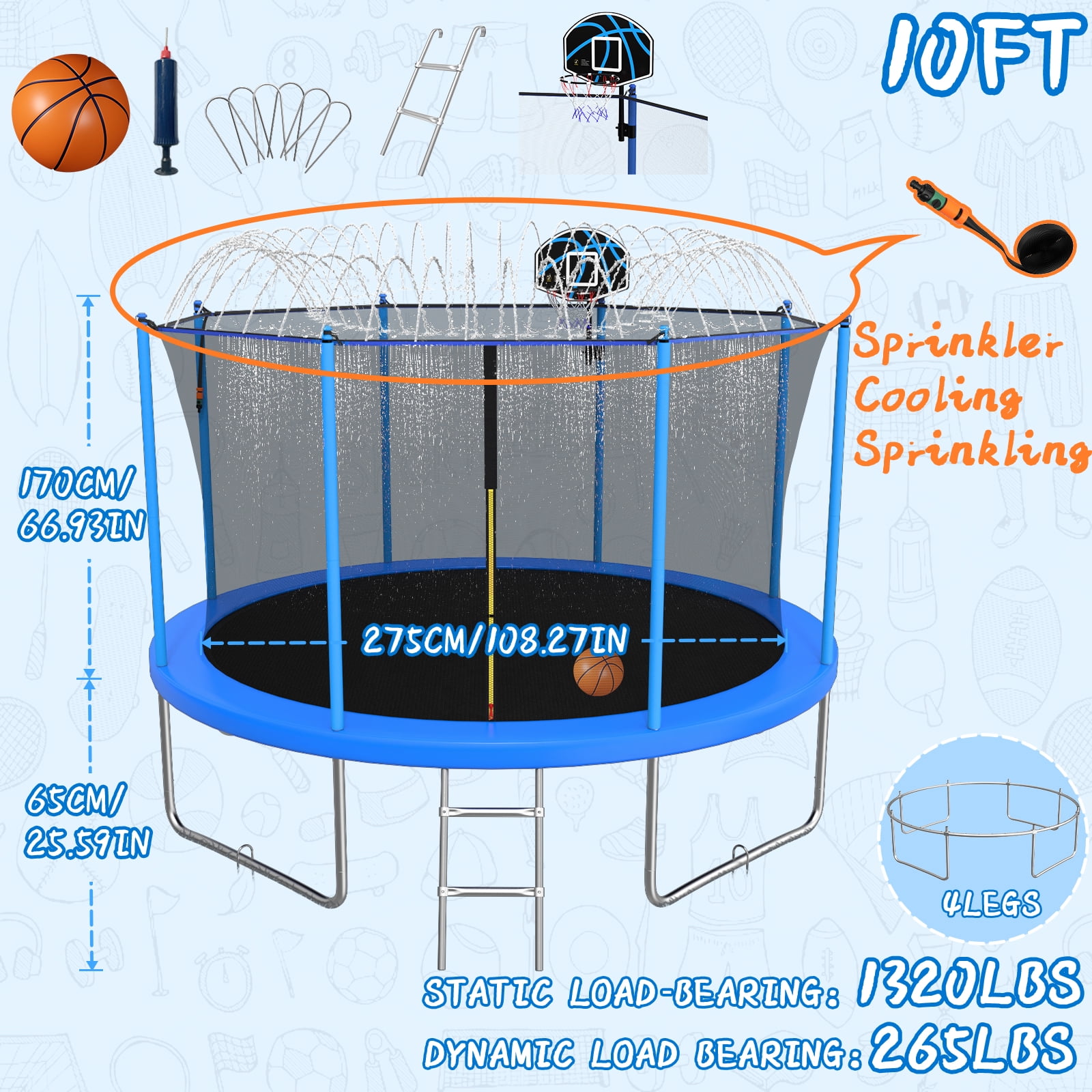 10FT Trampoline for Adults/Kids Outdoor Trampoline with Enclosure Net Basketball Hoop Sprinkler Wind Stakes Ladder Recreational Trampoline for Backyard