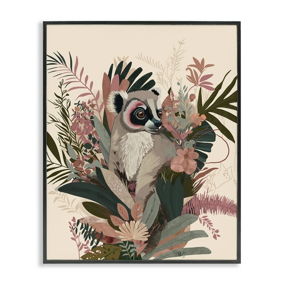 Stupell Industries Lemur with Hibiscus Plants Animals & Insects Painting Black Framed Art Print Wall Art, 11 x 14