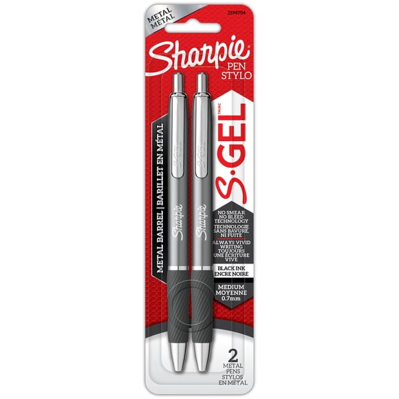 Stylos à encre gel Sharpie S-Gel, barillet en métal élégant, fini gris acier, pointe moyenne (0,7 mm), encre noire, paquet de 2