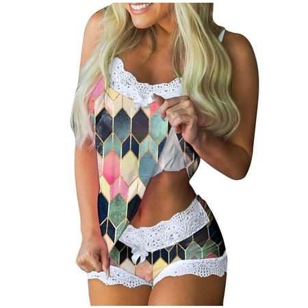 

Sheer Lingerie for Women Sleeveless Sleepwear Set Shorts Pajamas Print Women Lingerie Set with Garter Bra
