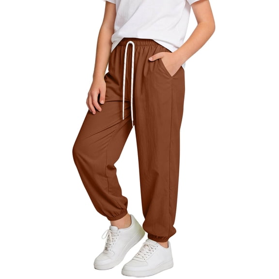 ITSAME Girls Sweatpants, Quick-Dry Loose Fit Elastic Waist Summer Fashion Casual Tapered Pants Coffee Size 13-14