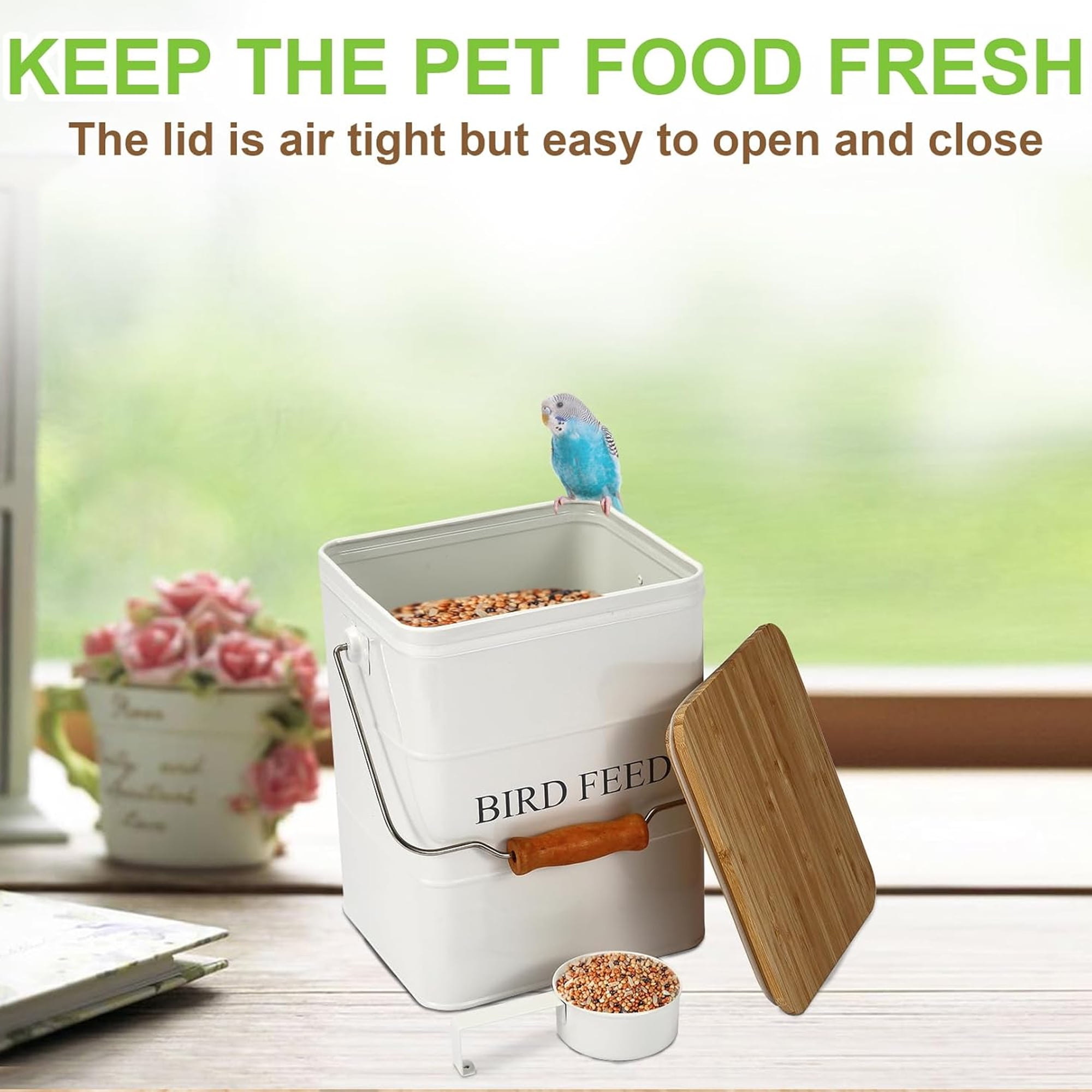 Brabtod Seed Storage Container & Pet Food Storage Container Airtight Metal Food Tin with Wooden Lid, Handle & Scoop, Holds 5-6 lbs, Ideal for Bird Seed, Dog & Cat Food Storage