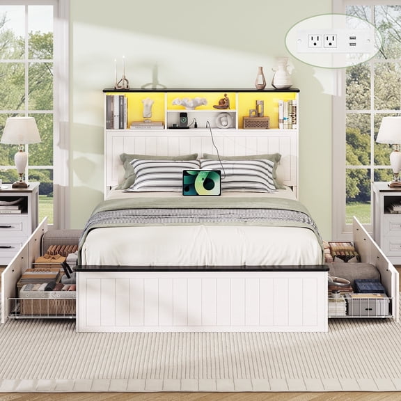 Full Size Bed Frame with Headboard, Farmhouse Wood Full Bed Frame with 4 Storage Drawers, Platform Beds with Charging Station & LED Light,White