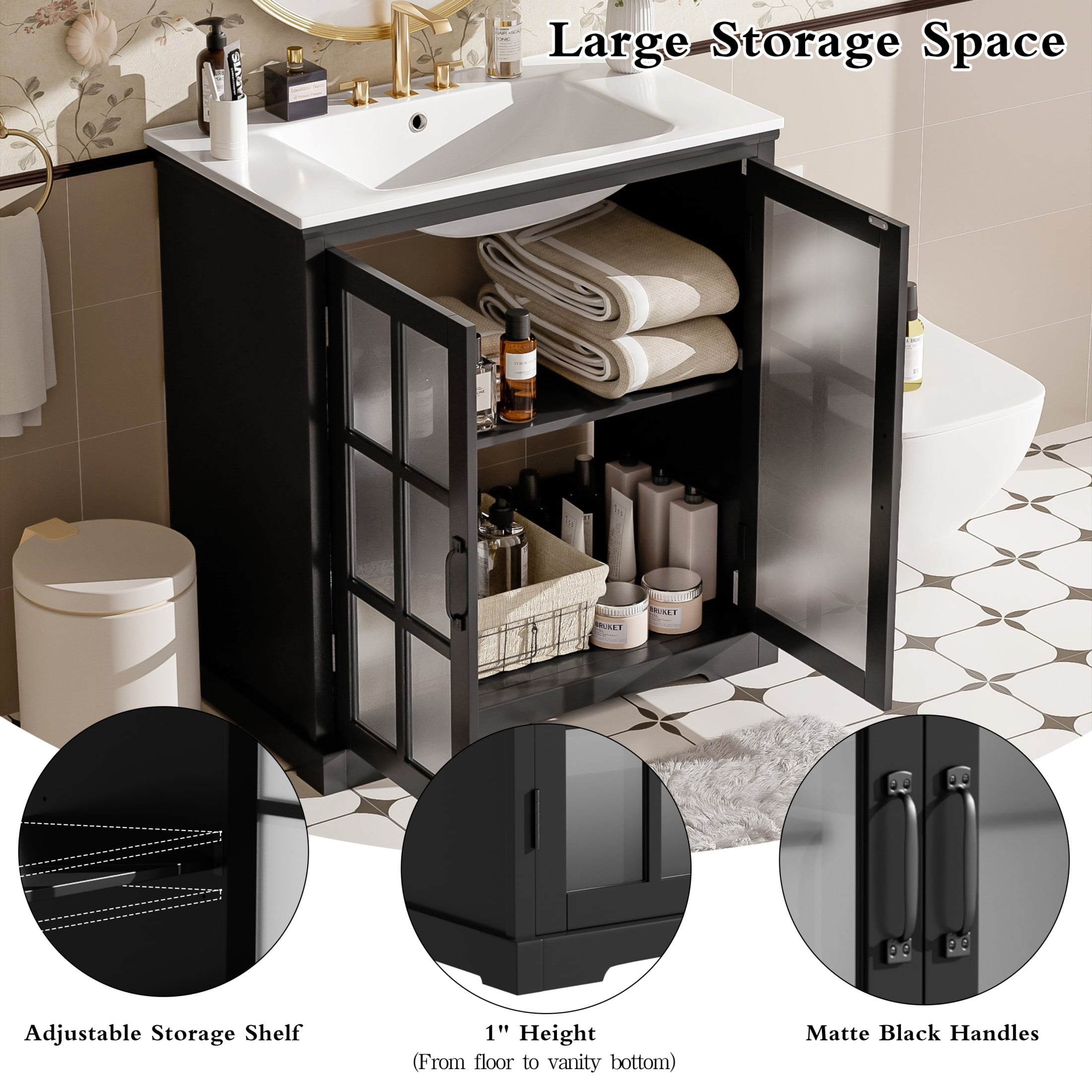 Christopher Knight Home 30" Bathroom Vanity with Ceramic Sink, Blurred Glass Doors, Wood Frame, Black