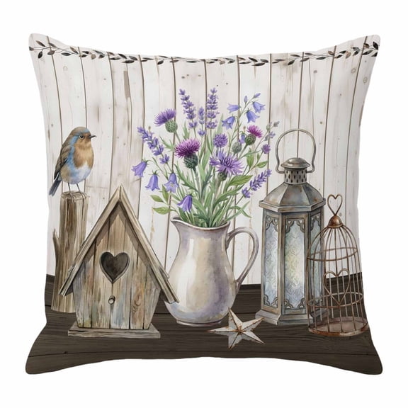 Throw Pillow Covers 16 x 16 Inch, Vintage Flowers Cotton Linen Pillows Cases, Wooden Birds Retro Art Farmhouse Square Cushion Covers for Couch Sofa Bed