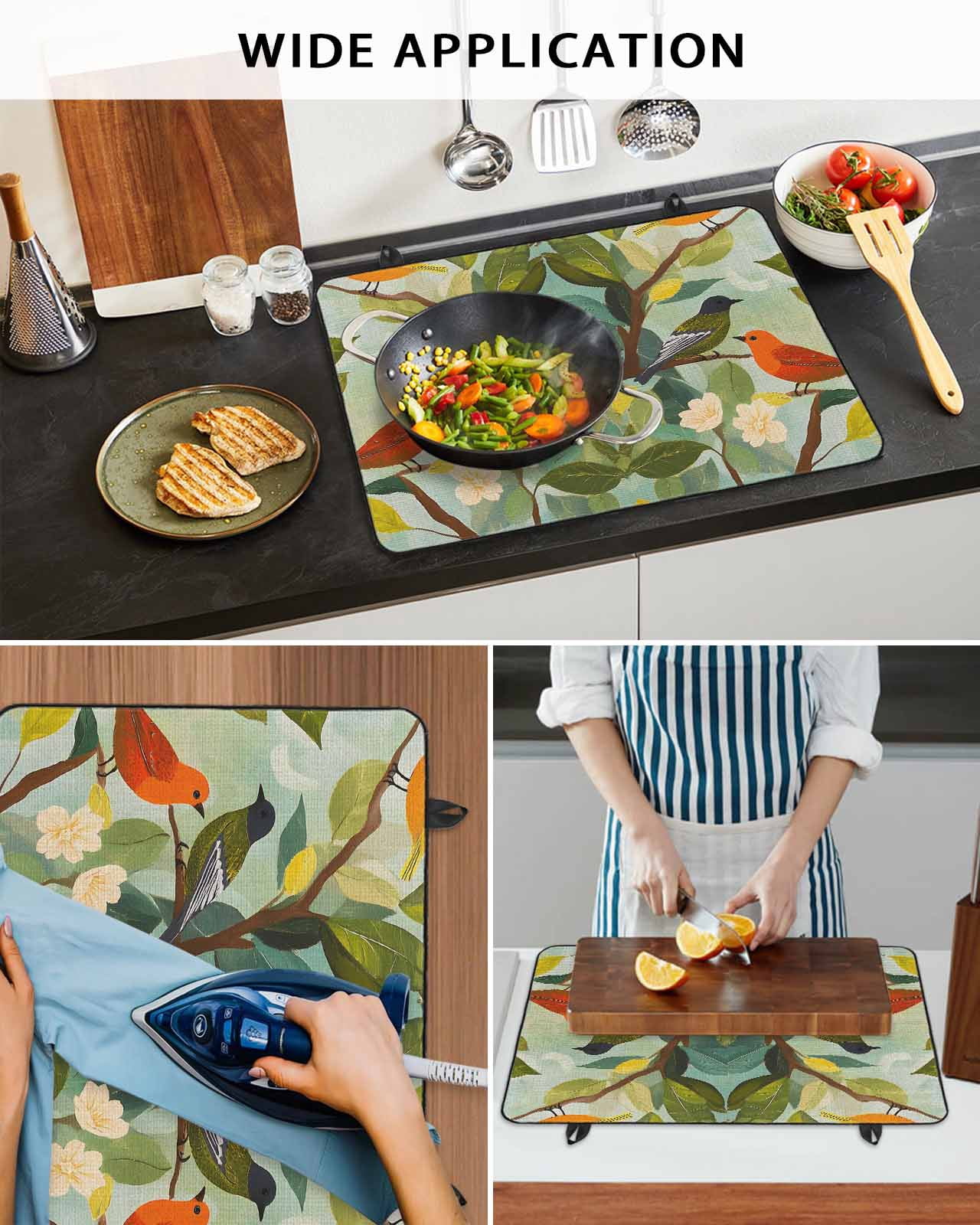 nqOlkjepod Large Induction Cooktop Protector Mat 24"x21", Spring Birds Leaves Stove Top Covers for Electric Stove, Summer Pastoral Botanical Decorative Stove Burner Cover Mats, Glass Top Stove Cover