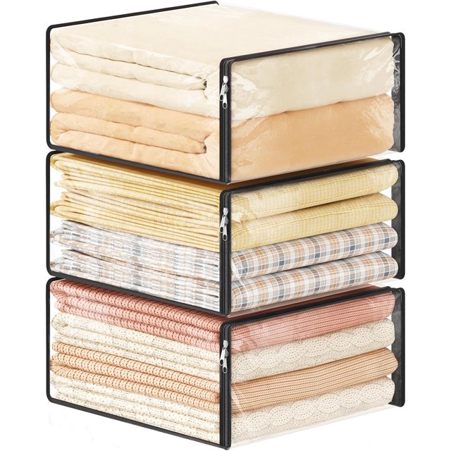 czcpp-36L Sacs de Rangement pour Draps Transparents avec Fermeture Éclair 3 Pack, Bacs de Rangement en Plastique pour Vêtements, Organisateurs Pliables en Vinyle pour Placard, Couvertures, Literie 17.7 x 15.7 x 7.9 Pouces