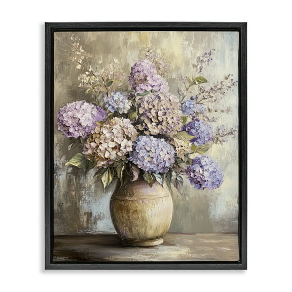 Stupell Industries Purple Hydrangea Pottery Plants & Flowers Painting Black Floater Framed Canvas Art Print Wall Art, 17 x 21