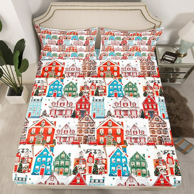Drap-housse de Noël pour Lit Simple, Ensemble de Literie Décor de Noël Rouge Bleu Vert pour Enfants Adultes, Drap de Lit Flocon de Neige d'Hiver Chaussettes de Noël Imprimé Bonbon Microfibre Poche Profonde 2 Pcs (Sans Drap Plat)