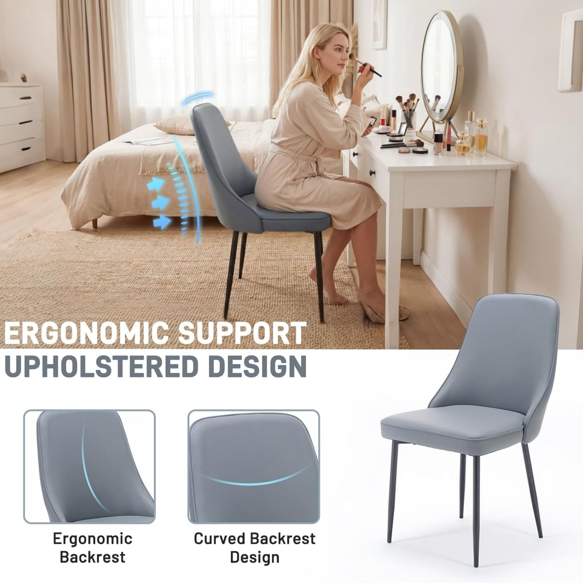Sailvan Modern Dining Chairs Set of 8,Faux Leather Upholstered Kitchen Chairs with Ergonomic Curved Back and Metal Legs,Waterproof Side Chairs for Dining Room Grey