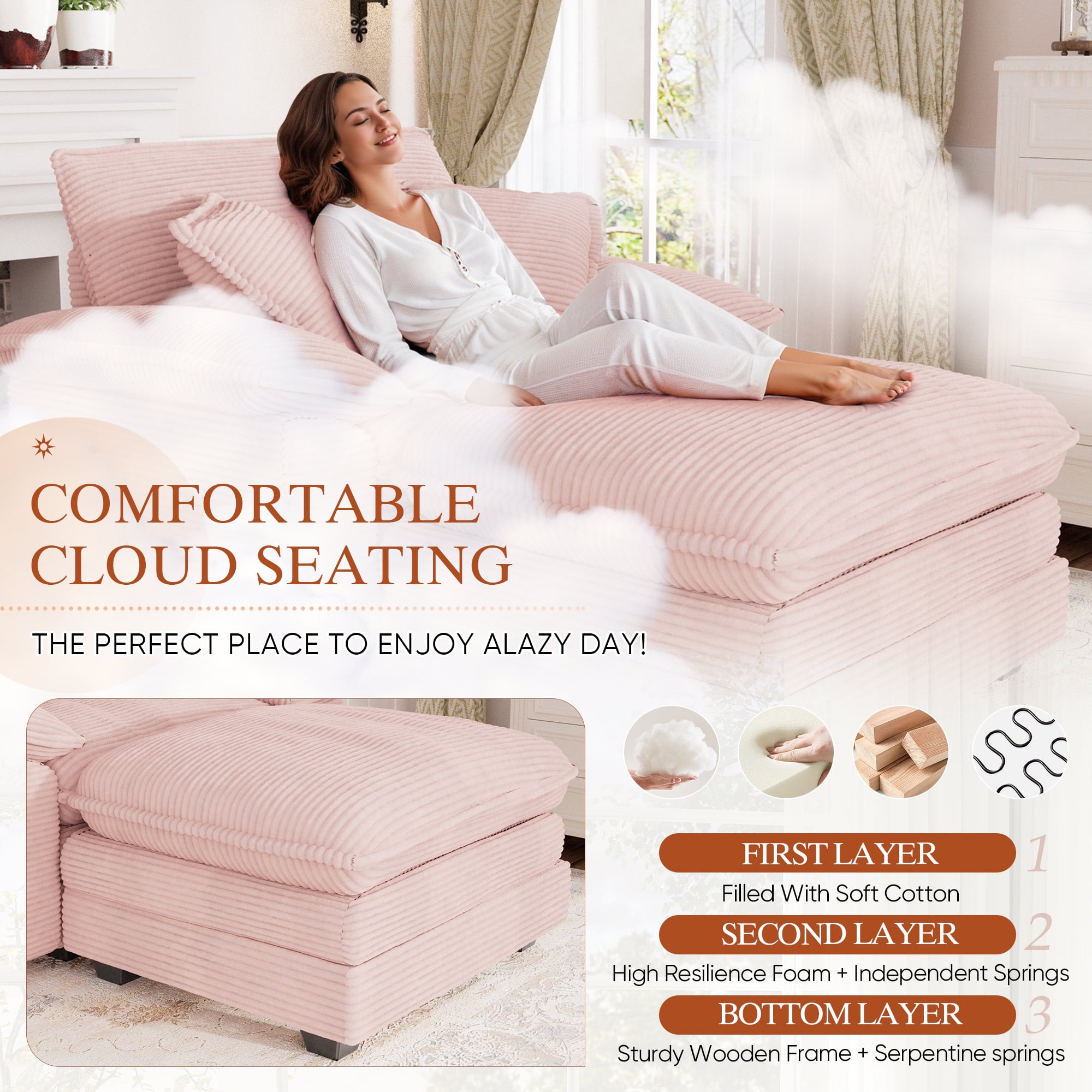 Muumblus Oversized Accent Chair with Ottoman, 48" Indoor Chaise Lounge Cloud Sofa Reading Armchair for Modern Living Room, Bedroom, Pink Corduroy