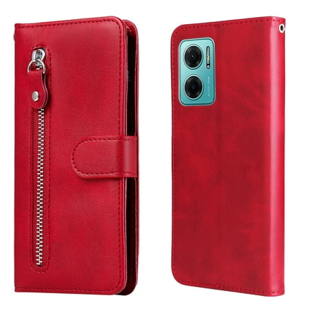 Case for Xiaomi Redmi 10 Prime Plus 5G Zipper Pocket Wallet Leather Case Magnetic Closure Flip Cover - Red