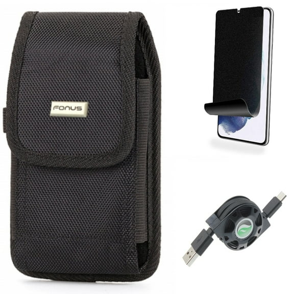 For Samsung Galaxy S21 (6.2") - Type-C Retractable USB Cable   Holster Swivel Case Belt Clip   [Fingerprint Works] TPU Film Privacy Screen Protector