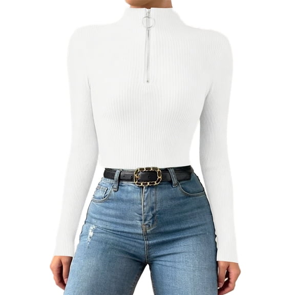 CAIXIA Sweaters For Women Half High Neck Ring Zip Slim Long Sleeve Pullover Tops Basic Clothes Outdoor Shirts Work Outfits Fall Winter Clothes,White