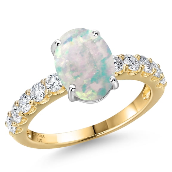 Gem Stone King 14K Two Tone Gold Simulated White Opal and Lab Grown Diamond Engagement Ring for Women | 2.35 Cttw | Oval Cabochon 10X8MM | Gemstone October Birthstone | Size 6