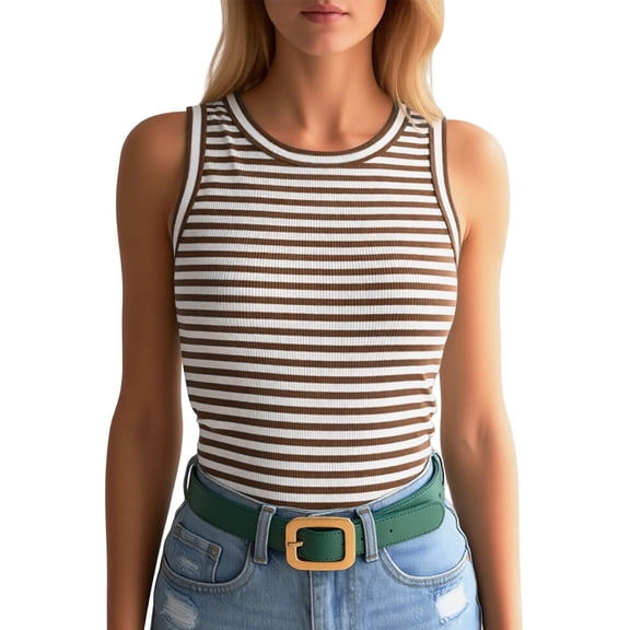 WAYUTE Tank Tops for Women Casual Striped Print Round Neck Sleeveless Slim Fit Nightwear Breathable Basic Top Summer Daily Wear