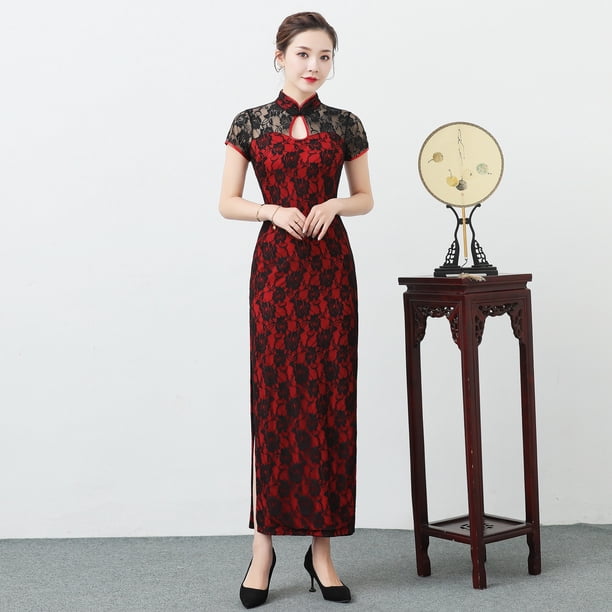 Cheongsam de encaje Cheongsam ropa de actuación espectáculo verano etiqueta larga corte ajustado