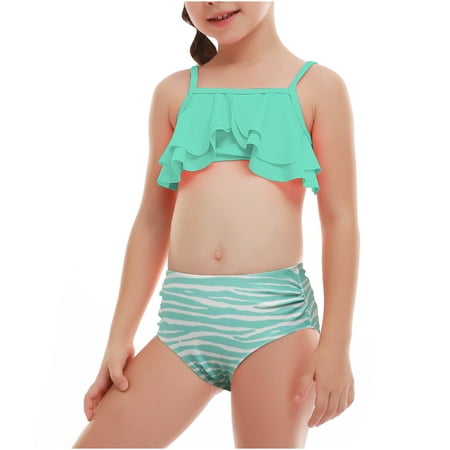 

Gallickan Kids Girls 2 Piece Swimsuit Summer Casual Cute Print Double Ruffle Suspender Split Tankinis Swimwear Kids Deals under $10
