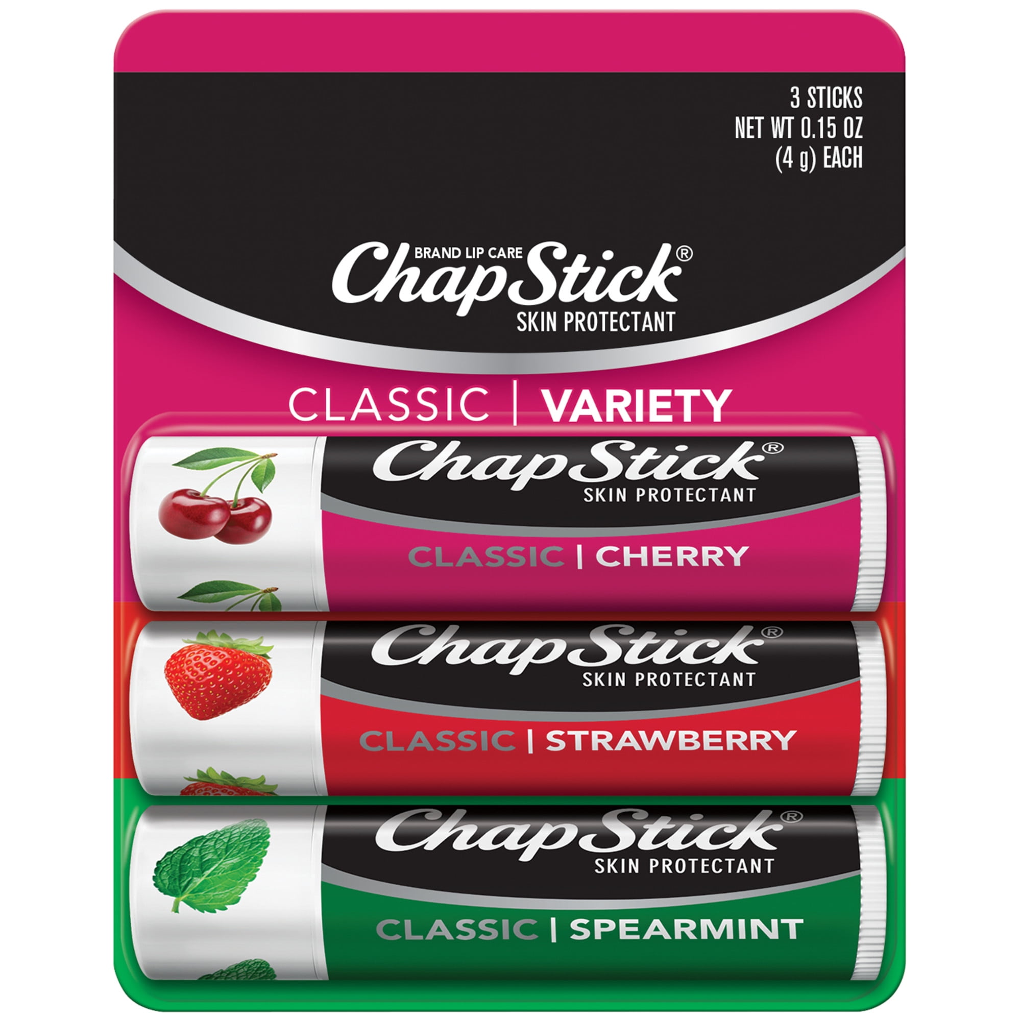 ChapStick Classic Cherry, Spearmint and Strawberry Lip Balm, 0.15 Oz, 3 Pack