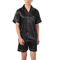 SWSMCLT Men's Button Down Soft Shorts Pj Casual Summer 2 Piece Satin Pajama Set Short Sleeve Lightweight Lounge Set Silky Black White Medium