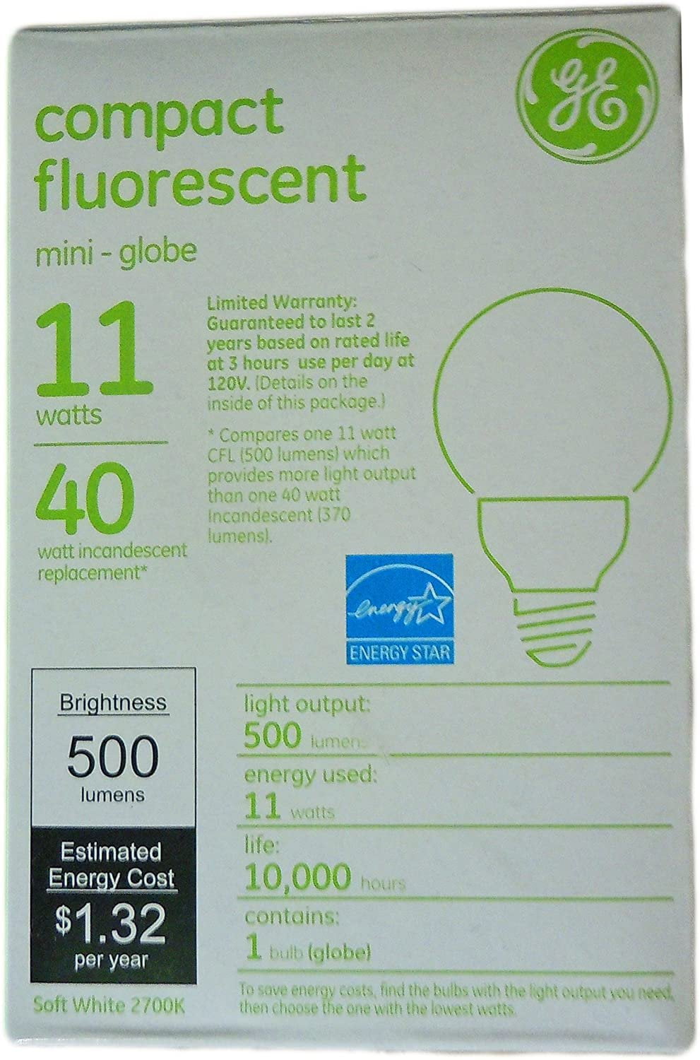 450-Lumen G25 Light Bulb with Medium Base GE Lighting 78946 Energy Smart CFL 11-Watt 40-watt Replacement 1-Pack 