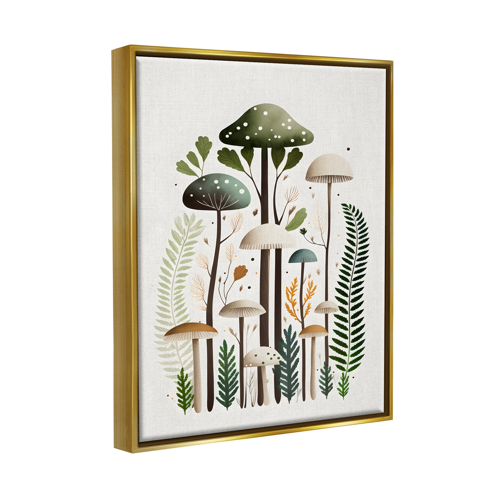 Stupell Industries Whimsical Green Mushrooms Botanical & Floral Painting Gold Floater Framed Canvas Art Print Wall Art, 17 x 21