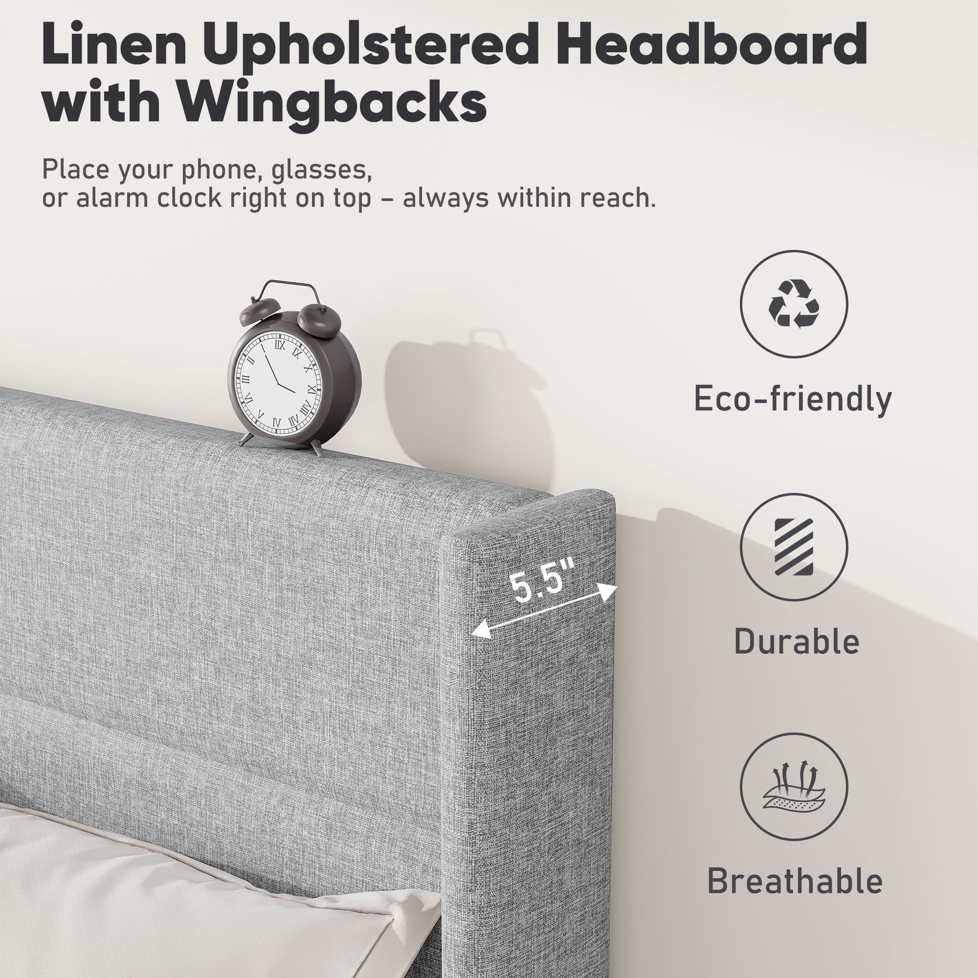 Frostbloom Queen Size Platform Bed Frame, Linen Upholstered Wingback Headboard, Light Gray