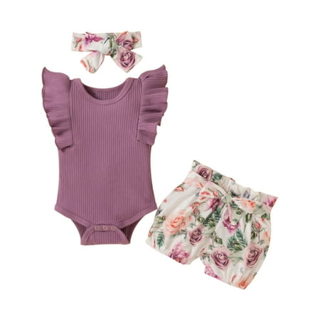 

QWERTYU Newborn Infant Toddler Baby Girl Boy Short Sleeve Bodysuit and Shorts Set Outfit Clothing Set Summer Purple