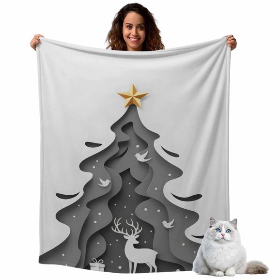 Winter Gray Christmas Tree Star Throw Blanket Flannel Fleece Throws, Reindeer Bird Silhouette Lightweight Super Soft Warm Blankets for Couch Sofa Bed All Season Use,50x60 IN