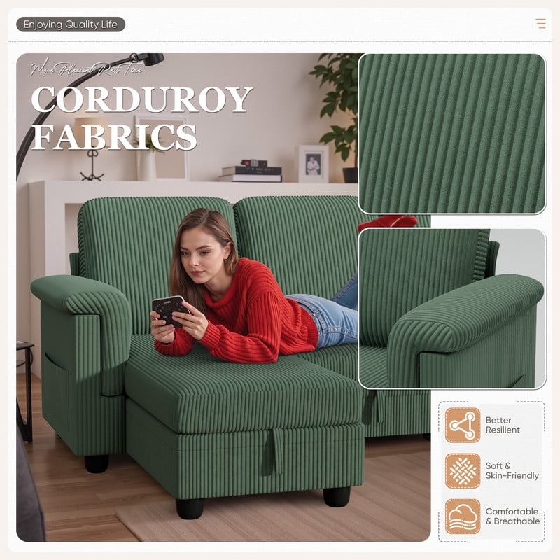 Vineego Corduroy Versatile Sectional Couch, Small Sleeper Sofa with Pull-Out Bed and Storage,Green