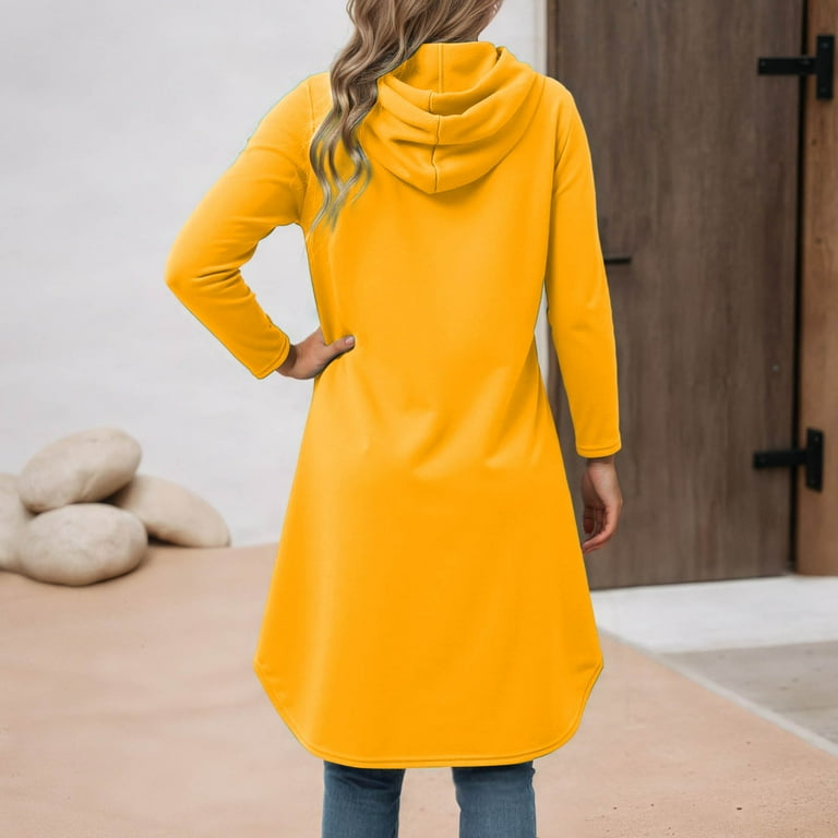 Women Autumn Dresses Casual Pocket Long Sleeve Hooded Sweatshirts Loose Oversized Pullover Hoodie Bodycon Dress Robe Yellow / XL