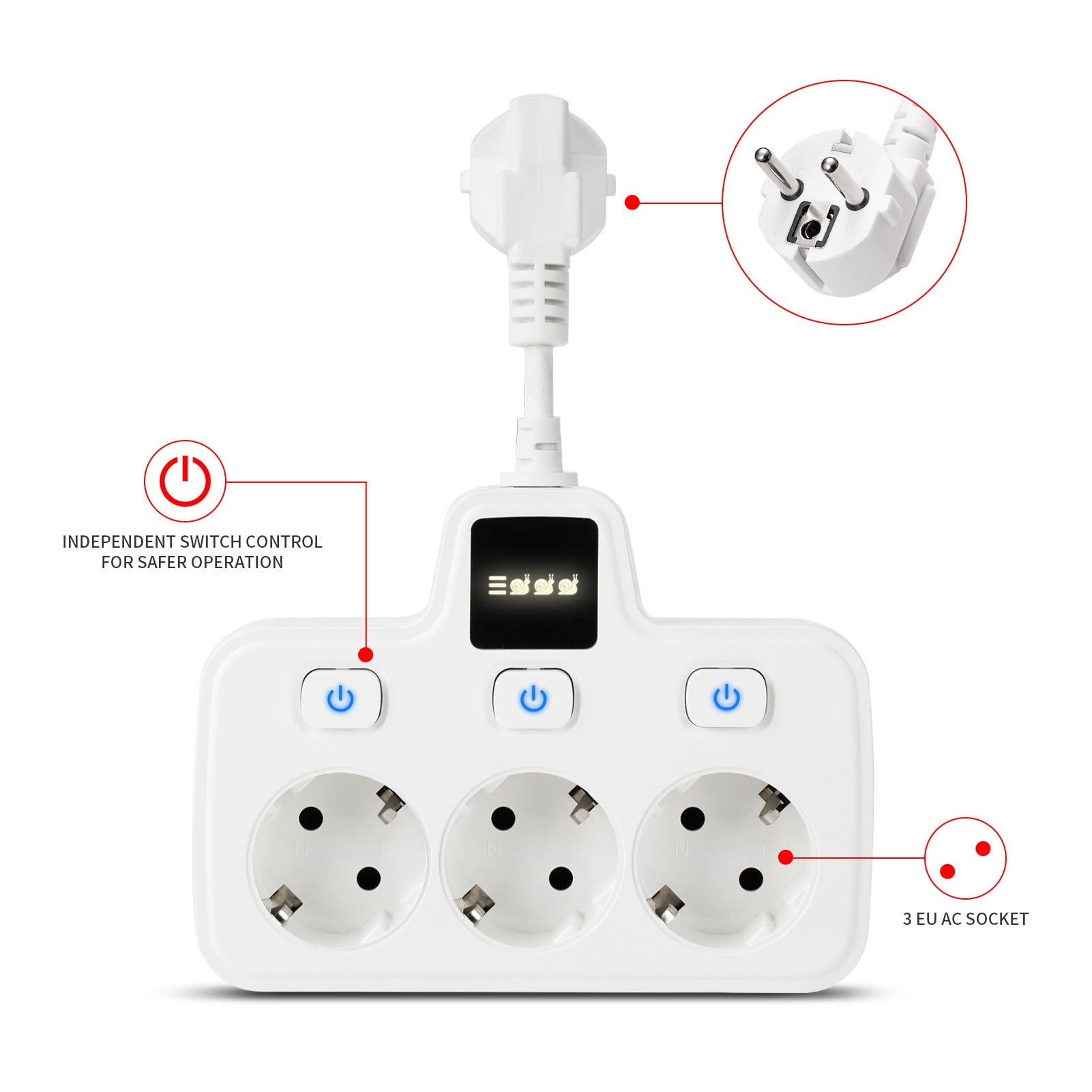 Suodoka 3-Way Power Socket Extender with Independent Switches, Multi-Outlet Adapter with 2 Prong EU Plug, 220V Grounding Electrical Outlet Receptacle for Home and Office, White