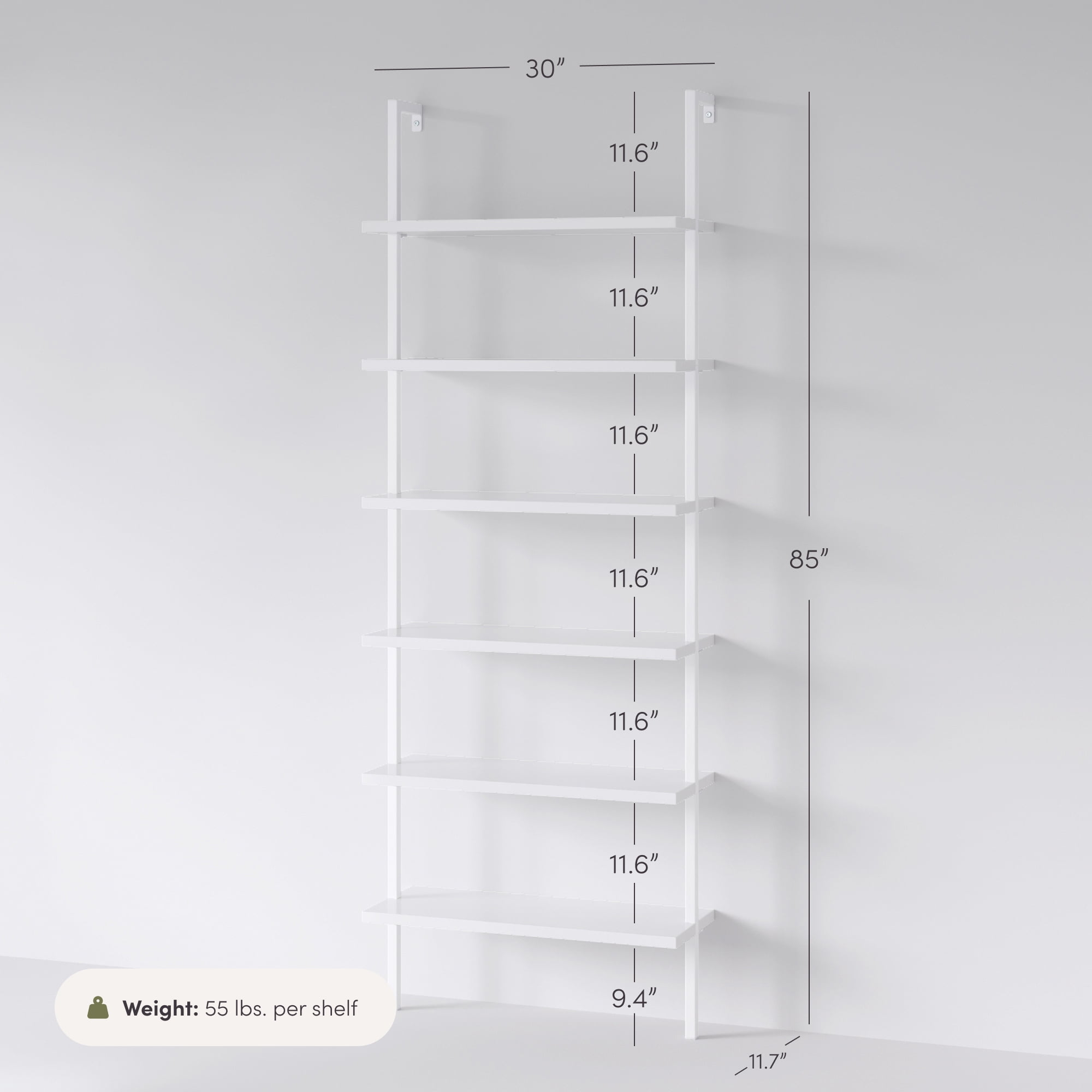 Nathan James Theo 6-Shelf Tall Bookcase Wall Mount Bookshelf White Wood with White Metal Frame White