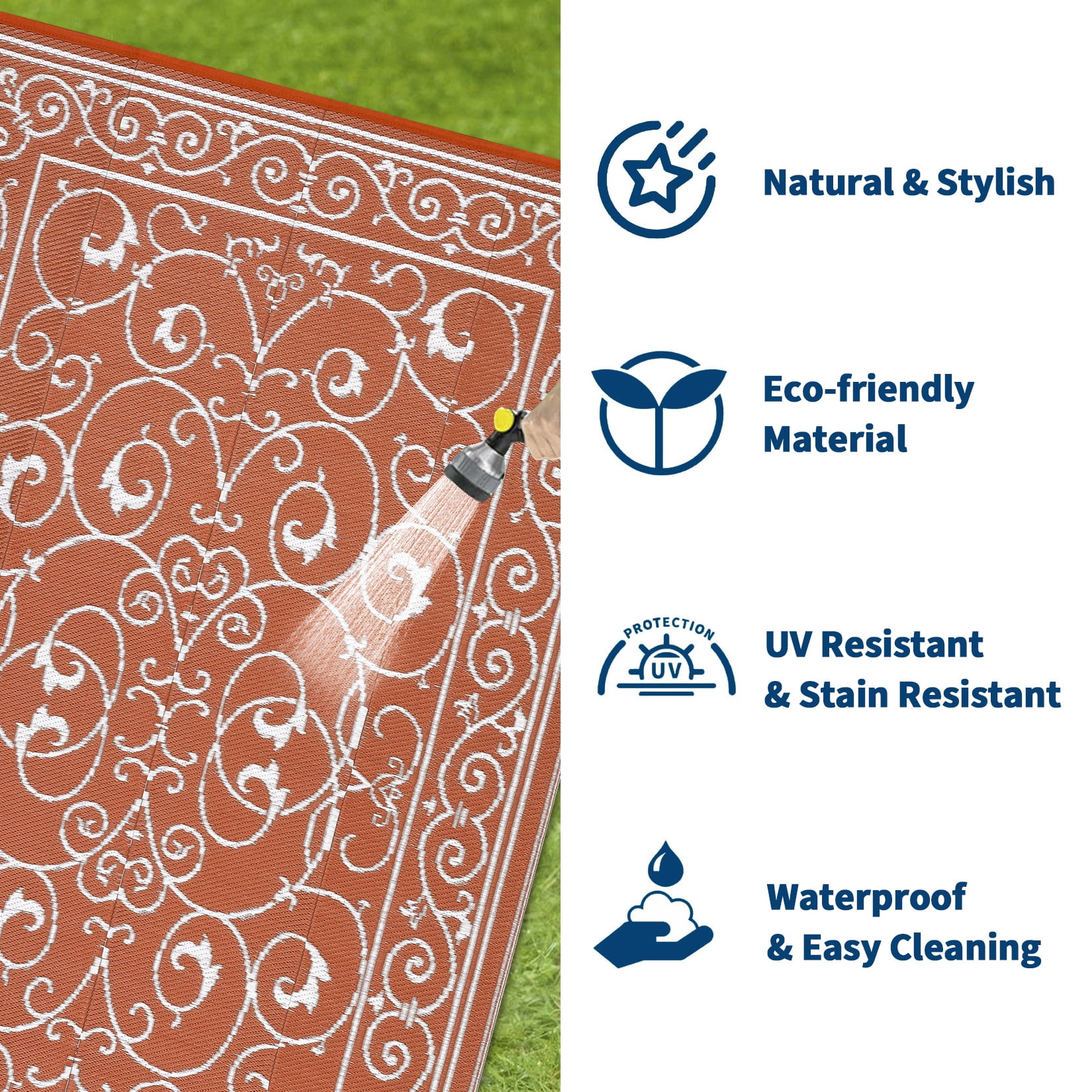 Nanan 9x18 Outdoor Rug, Waterproof UV Protected Fade Resistant Reversible Plastic Straw Patio Mat for RV, Camping, Deck, Yard, Garden, Balcony, Poolside, Brick Red