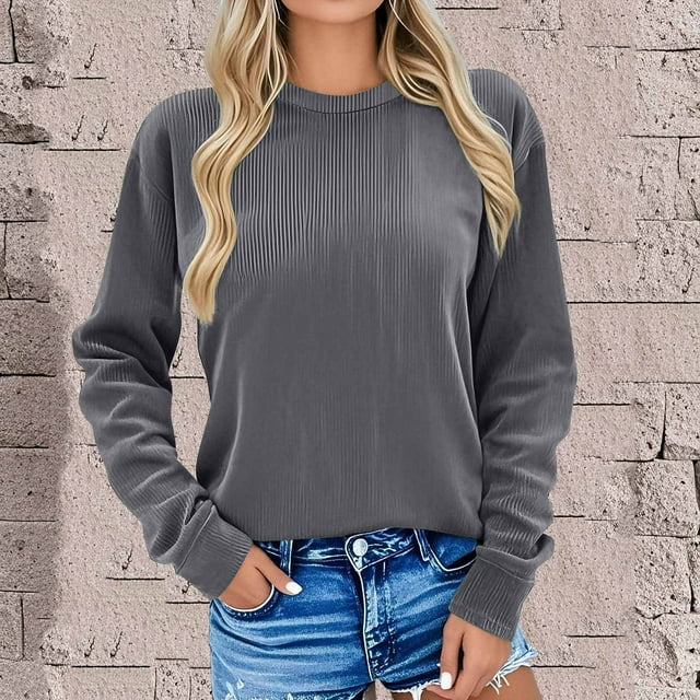 Amzcrzy Chandails en Molleton pour Femmes Décontracté Couleur Unie Manches Longues Col Rond Chandails en Molleton Mode Coton Côtelé Automne Chandail en Molleton pour Femmes G