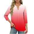 thumbnail image 2 of Qulqfy Gradient Womens Blouses V-Neck Casual Loose Fit 3/4 Length Sleeve Cute Flowy Pleat Fall Work Women Tops Red 2XL, 2 of 6