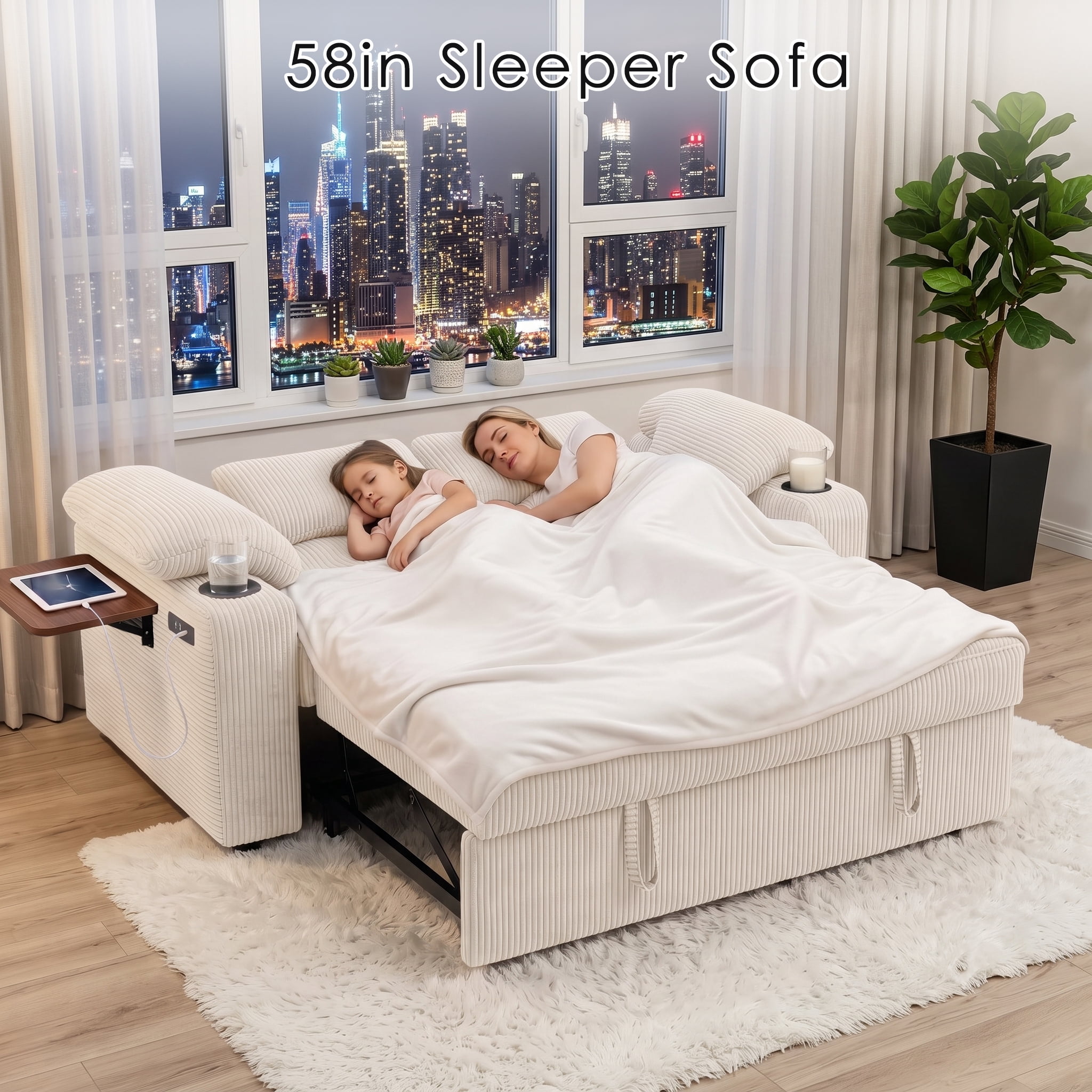 58" Convertible Sleeper Sofa Bed, Full Size Pull Out Couch with USB Charging, Cup Holders, Side Table, Adjustable Backrest, Corduroy Loveseat for Living Room, Apartment, Office (Beige)