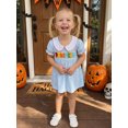 thumbnail image 4 of RUINIXCW Toddler Baby Girl Halloween Dress Outfit Kids Baby Girl Summer Fall Dress Clothes Pumpkin Ghost Letter Embroidery Doll Collar Short Sleeve Striped Dress, 4 of 9