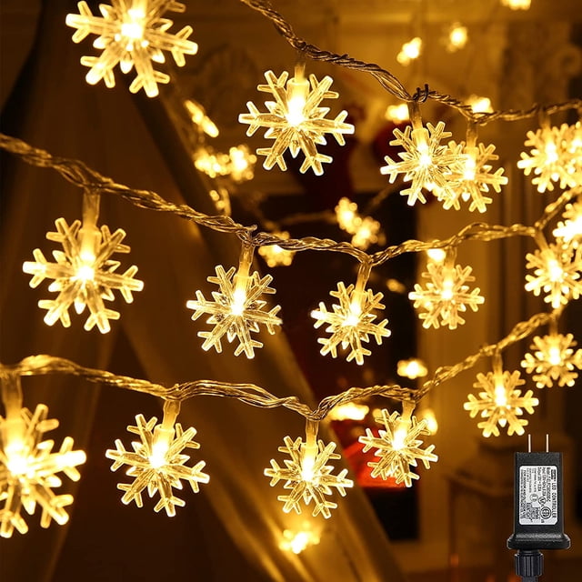 Christmas Snowflake String Lights, 49 ft 100 LED Connectable Christmas Fairy Lights with 8 Modes, Waterproof Plug in Snowflake Lights for Christmas Party Home Christmas Tree Decorations (Warm White)