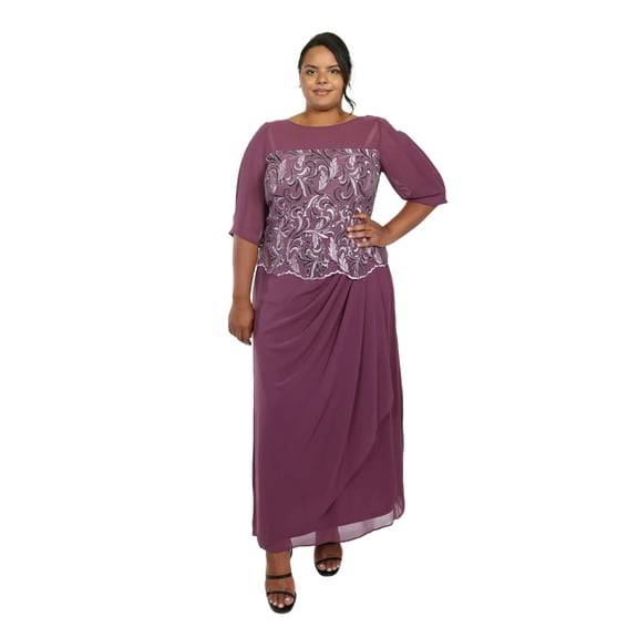 Le Bos Women's Full Legnth Gown w/Illusion Embroidered Scallop Bodice Orchid 8